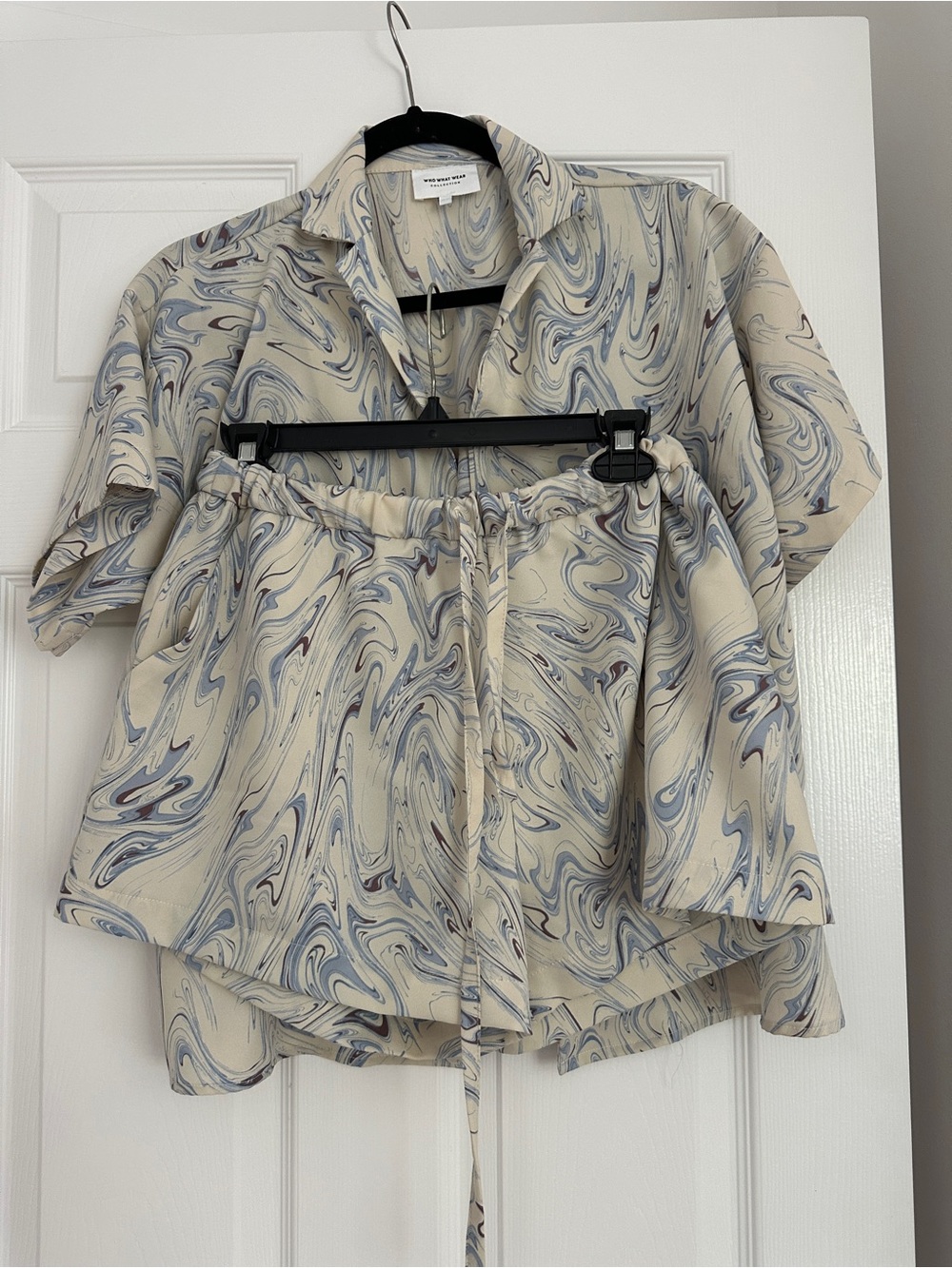 Marble-Print Short Sleeve Shirt and Shorts Set - Cream/Blue